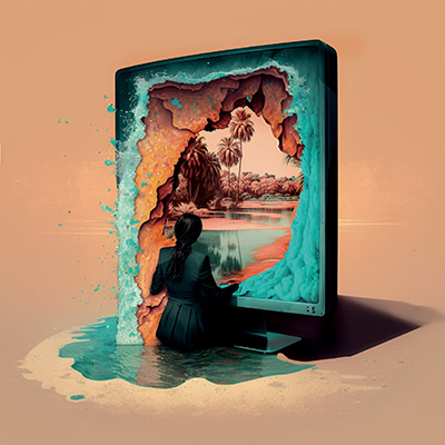 A girl with headphones working on a laptop-like device on a beach surrounded by clouds and pink palm trees