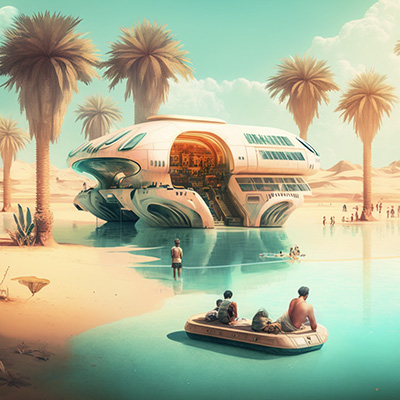 A ship in a pond surrounded by palm trees, and a smaller boat with some people