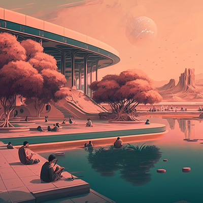 An elaborate building on a waterfront with people sitting around its nearby pools, and a desert in the background