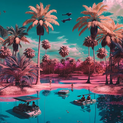 A pond with pink and purple trees and various boats with people