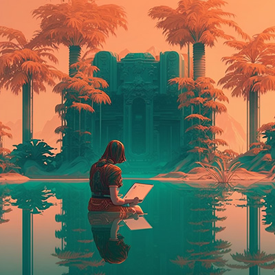 A person working on a laptop sitting in water, with palm trees and a large, old building in the background
