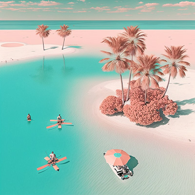 A small pond in front of an ocean, with pink palm trees and various boats with people