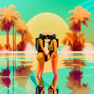 Two people in spacesuits touching helmets in shallow water surrounded by palm trees