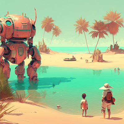 Two people standing at the edge of a pond watching an enormous robot surrounded by pink palm trees